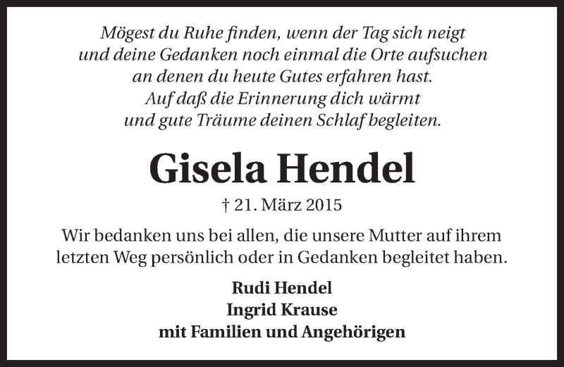  Traueranzeige für Gisela Hendel vom 04.04.2015 aus 