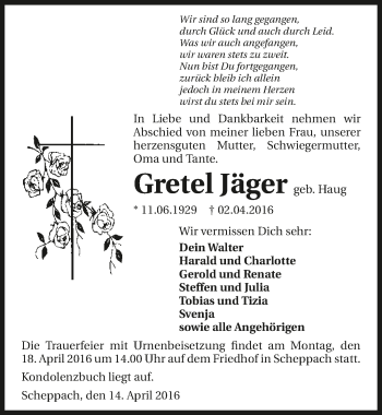 Traueranzeige von Gretel Jäger 