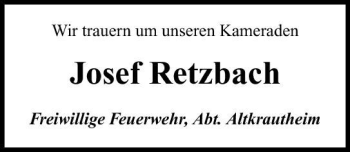 Traueranzeige von Josef Retzbach 