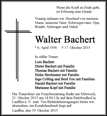 Traueranzeige von Walter Bachert 