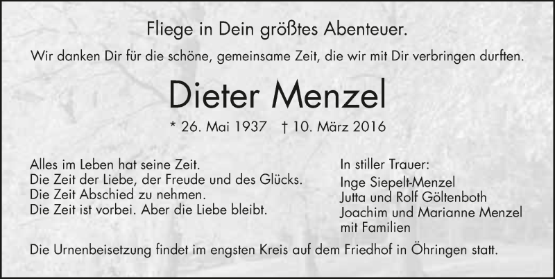  Traueranzeige für Dieter Menzel vom 22.03.2016 aus 