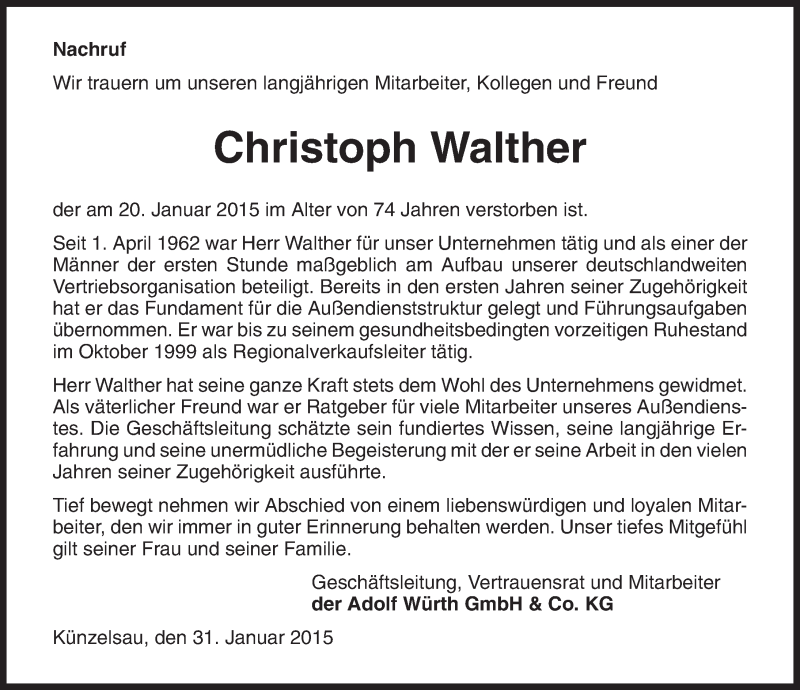  Traueranzeige für Christoph Walther vom 31.01.2015 aus 