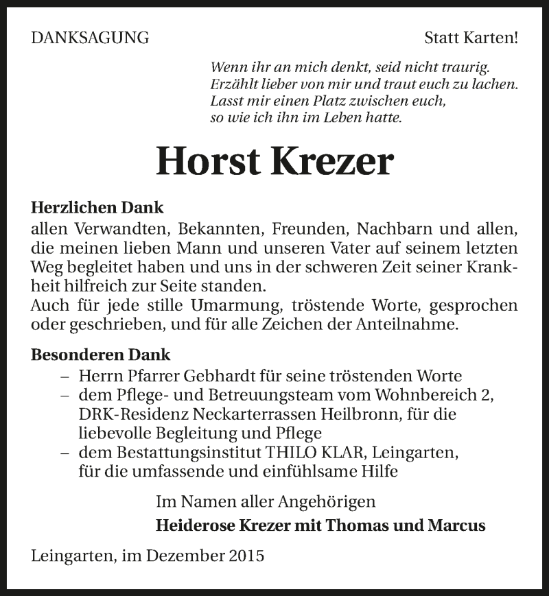  Traueranzeige für Horst Krezer vom 16.12.2015 aus 
