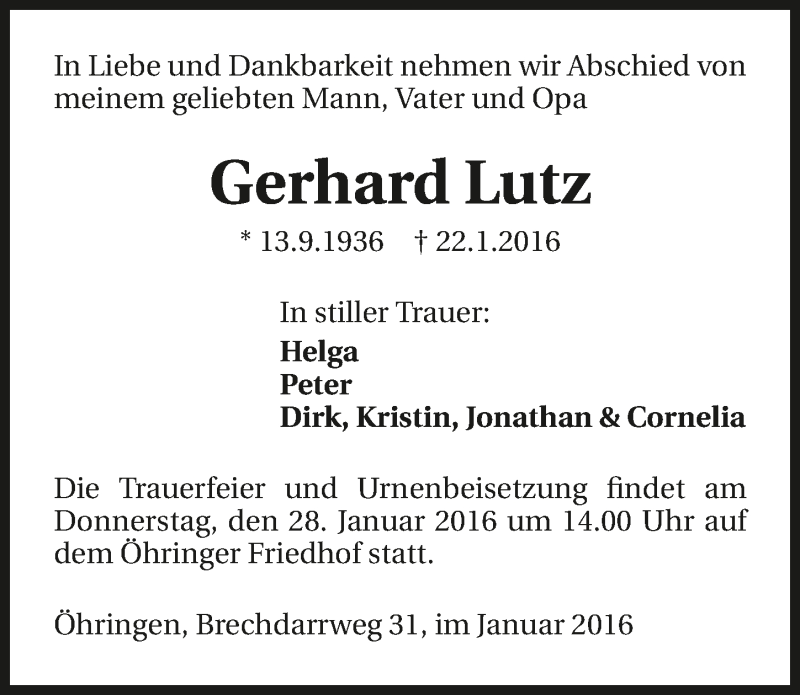  Traueranzeige für Gerhard Lutz vom 26.01.2016 aus 