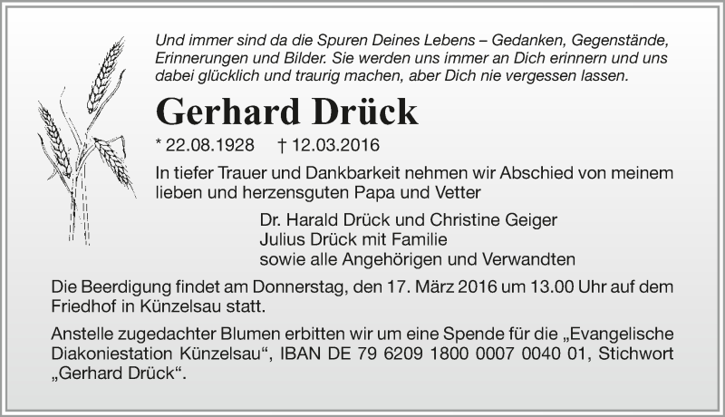  Traueranzeige für Gerhard Drück vom 15.03.2016 aus 