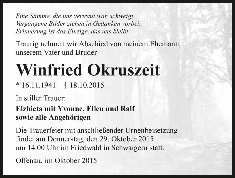  Traueranzeige für Winfried Okruszeit vom 27.10.2015 aus 
