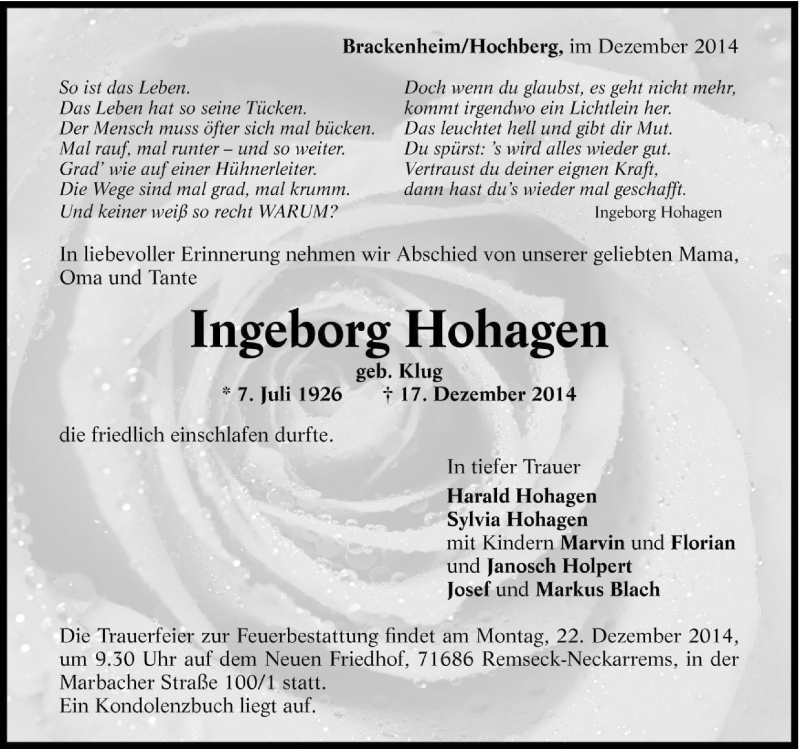  Traueranzeige für Ingeborg Hohagen vom 19.12.2014 aus 