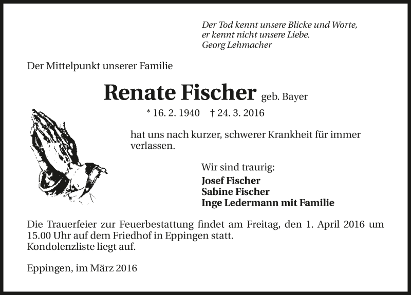  Traueranzeige für Renate Fischer vom 30.03.2016 aus 