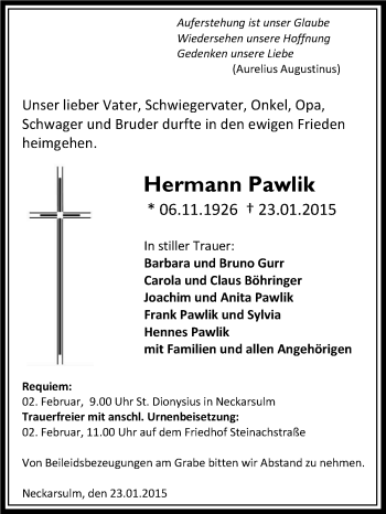 Traueranzeige von Hermann Pawlik 