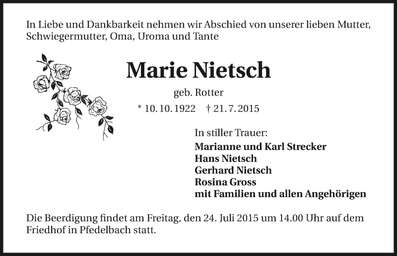  Traueranzeige für Marie Nietsch vom 23.07.2015 aus 
