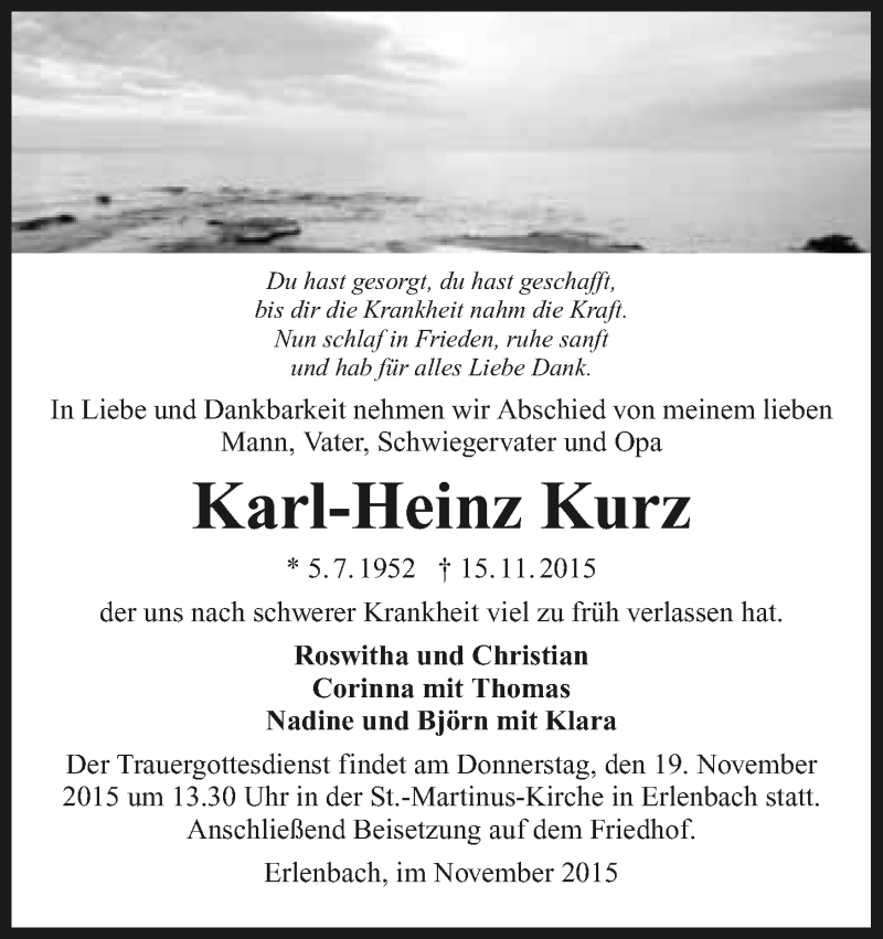  Traueranzeige für Karl-Heinz Kurz vom 17.11.2015 aus 