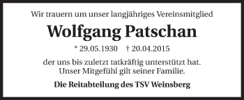 Traueranzeige von Wolfgang Patschan 