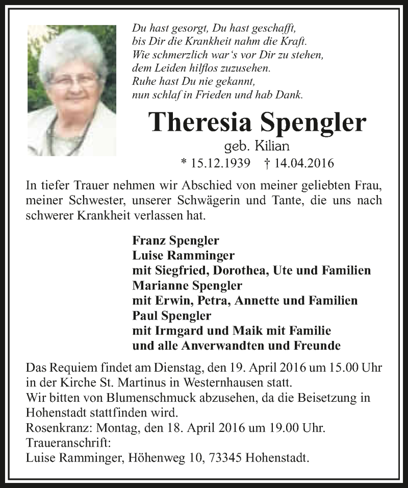  Traueranzeige für Theresia Spengler vom 16.04.2016 aus 