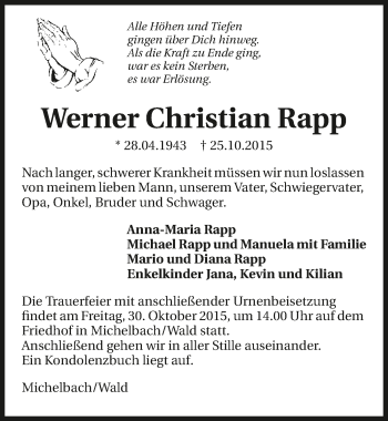 Traueranzeige von Werner Christian Rapp 