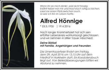 Traueranzeige von Alfred Hönnige 