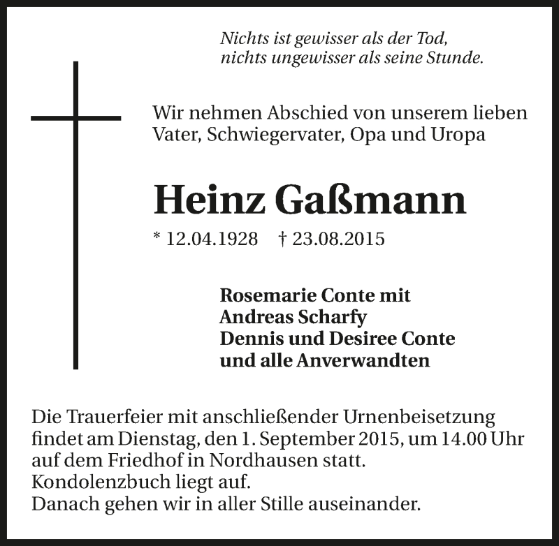  Traueranzeige für Heinz Gaßmann vom 27.08.2015 aus 