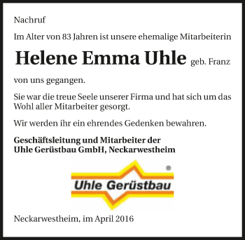 Traueranzeige von Helene Emma Uhle 