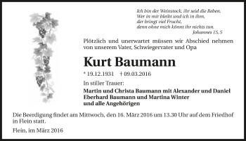 Traueranzeige von Kurt Baumann 