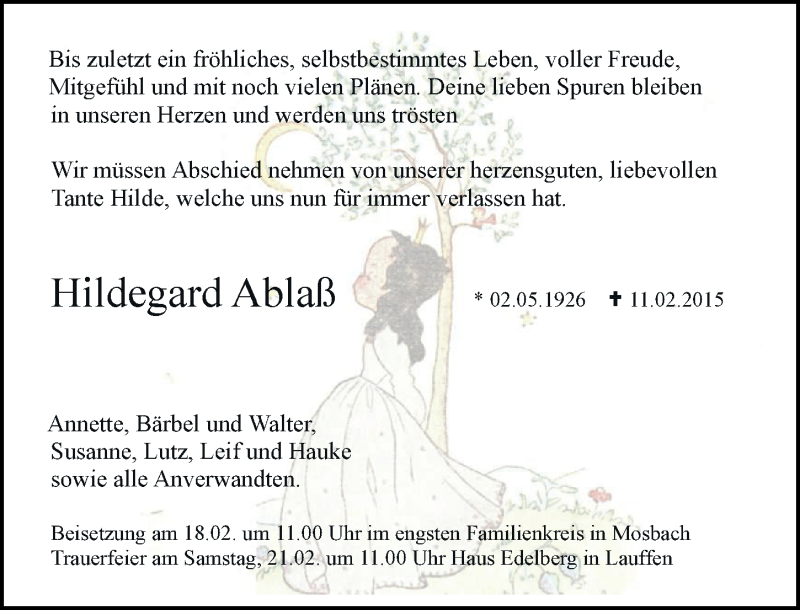  Traueranzeige für Hildegard Ablaß vom 16.02.2015 aus 