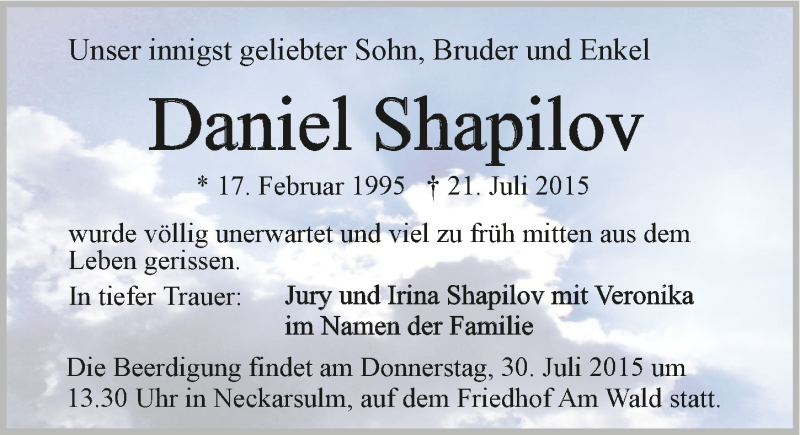  Traueranzeige für Daniel Shapilov vom 28.07.2015 aus 