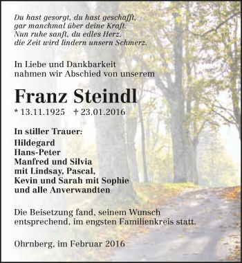 Traueranzeige von Franz Steindl 