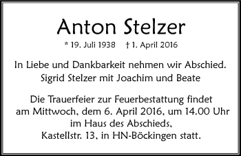 Traueranzeige von Anton Stelzer 