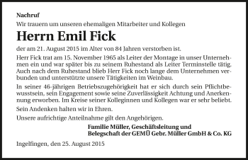 Traueranzeige von Emil Fick 