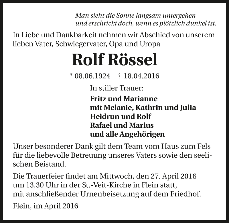  Traueranzeige für Rolf Rössel vom 22.04.2016 aus 