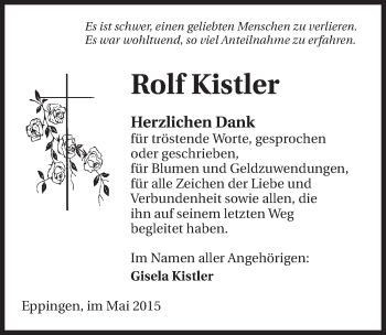 Traueranzeige von Rolf Kistler 