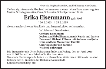 Traueranzeige von Erika Eisenmann 