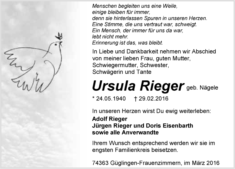  Traueranzeige für Ursula Rieger vom 05.03.2016 aus 