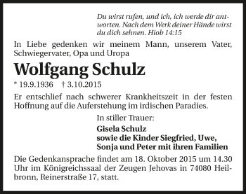 Traueranzeige von Wolfgang Schulz 