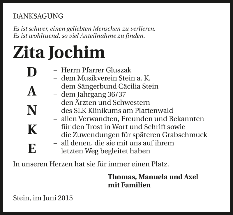  Traueranzeige für Zita Jochim vom 20.06.2015 aus 