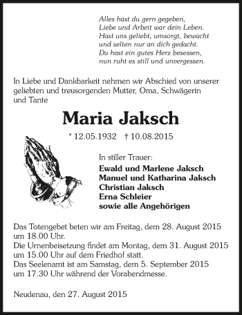 Traueranzeige von Maria Jaksch 