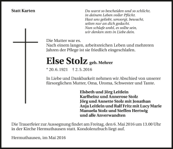 Traueranzeige von Else Stolz 