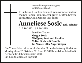 Traueranzeige von Anneliese Sosic 