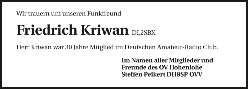  Traueranzeige für Friedrich Kriwan vom 03.07.2015 aus 