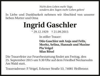 Traueranzeige von Ingrid Gaschler 