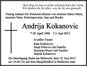 Traueranzeige von Andrija Kokanovic 