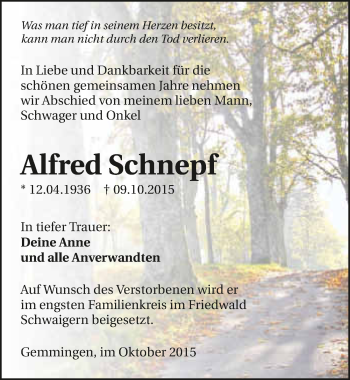 Traueranzeige von Alfred Schnepf 