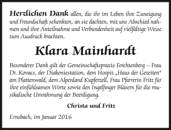 Traueranzeige von Klara Mainhardt 