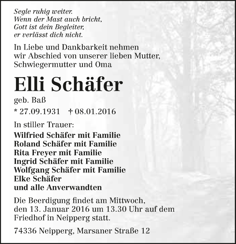  Traueranzeige für Elli Schäfer vom 12.01.2016 aus 
