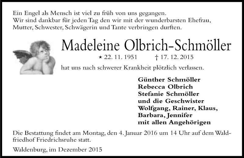  Traueranzeige für Madeleine Olbrich-Schmöller vom 28.12.2015 aus 