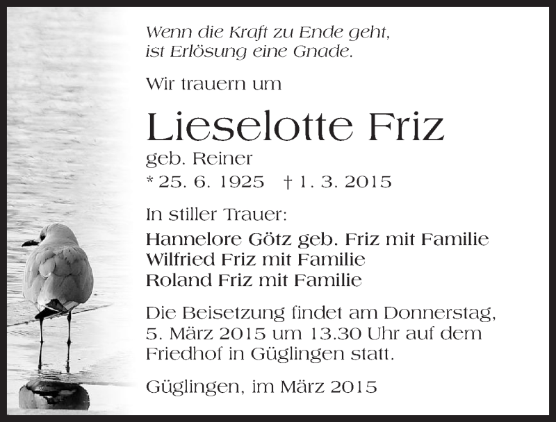  Traueranzeige für Lieselotte Friz vom 03.03.2015 aus 