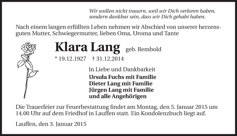  Traueranzeige für Klara Lang vom 03.01.2015 aus 