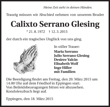 Traueranzeige von Calixto Serrano Glesing 