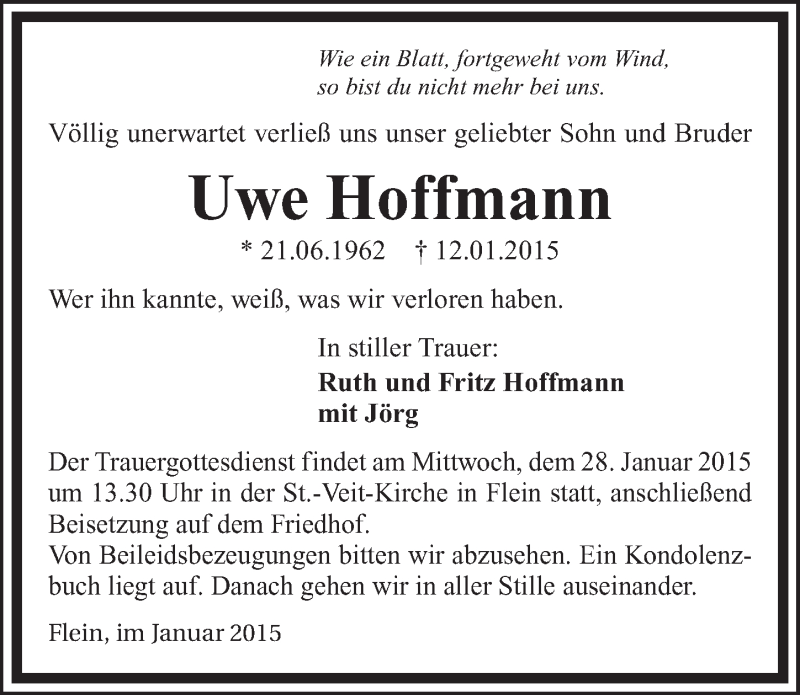  Traueranzeige für Uwe Hoffmann vom 26.01.2015 aus 