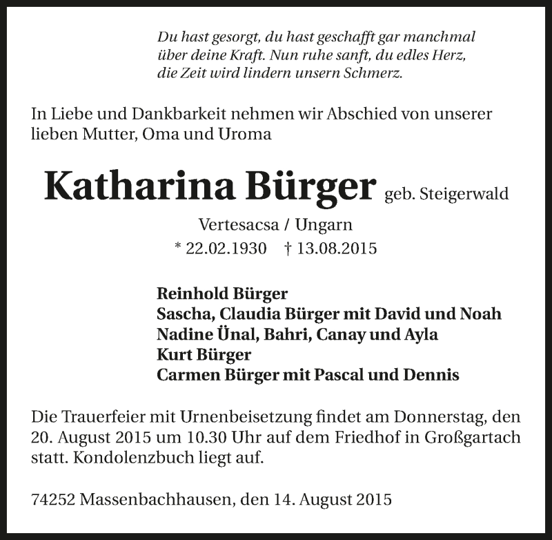  Traueranzeige für Katharina Bürger vom 15.08.2015 aus 