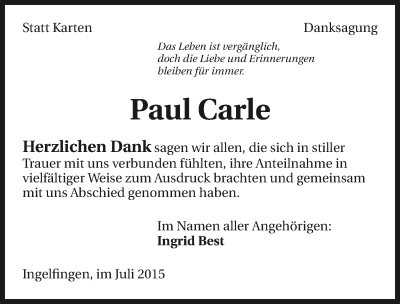  Traueranzeige für Paul Carle vom 01.08.2015 aus 