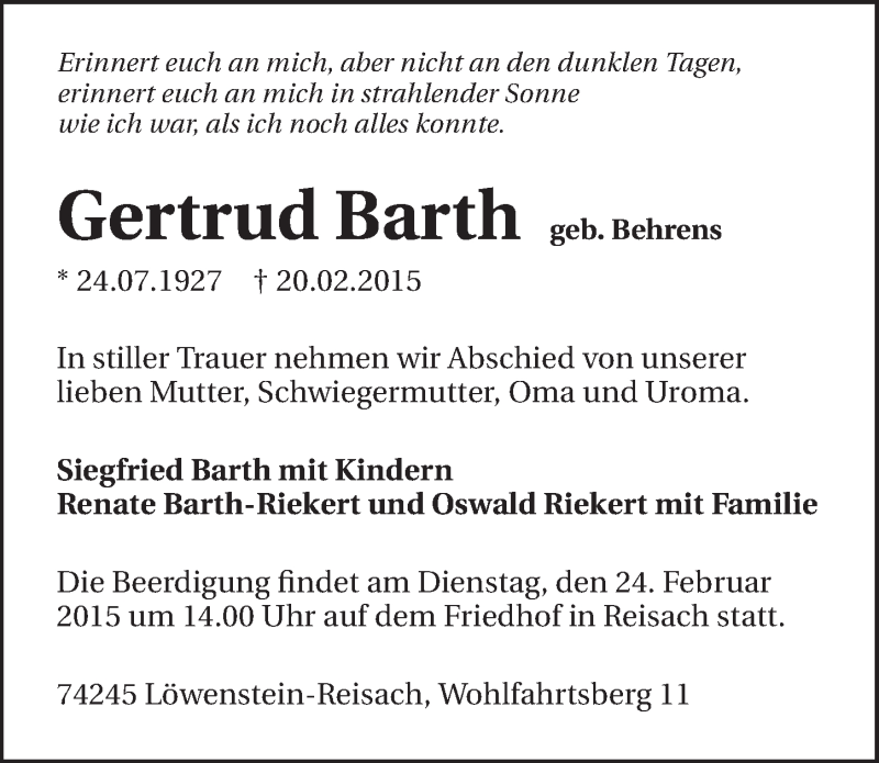  Traueranzeige für Gertrud Barth vom 23.02.2015 aus 
